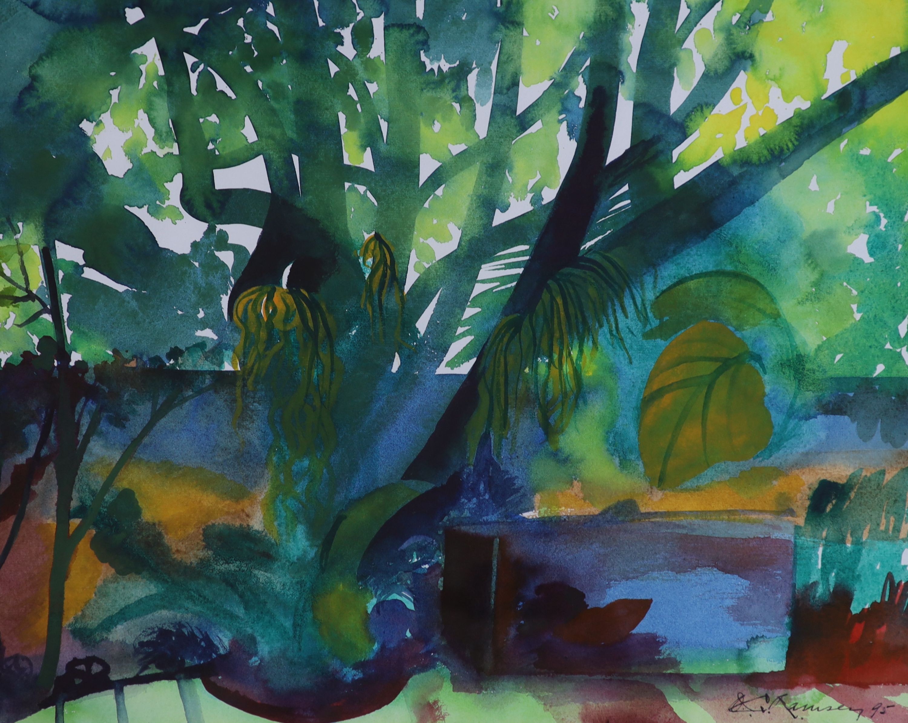 Jeremy Ramsey (b.1932), watercolour, View of a garden wall 1995, signed, Redfern Gallery label verso, 44 x 55cm